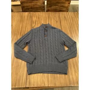 Carven heavy Cable knit cotton blue toggle button pullover Mockneck sweater
